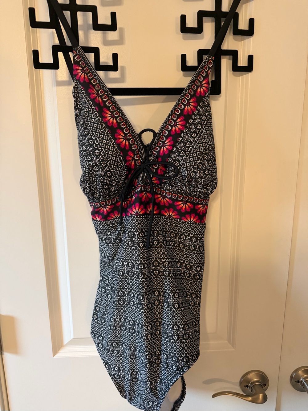 Kona Sol Black & White One-Piece Swimsuit with Pink Floral Trim XL